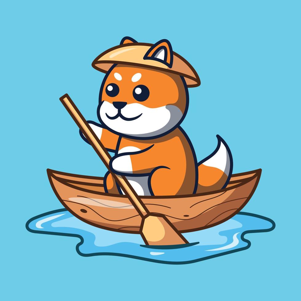 söt shiba inu karaktär rodd en båt vektor illustration