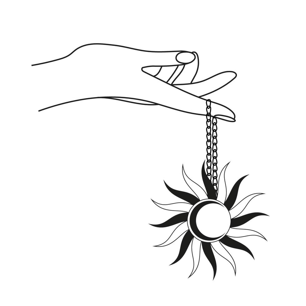 Hand mit Sonne Anhänger auf ein Kette. abstrakt Symbol zum Kosmetika und Verpackung, Schmuck, Logo, Tätowierung. linear Stil. esoterisch vektor