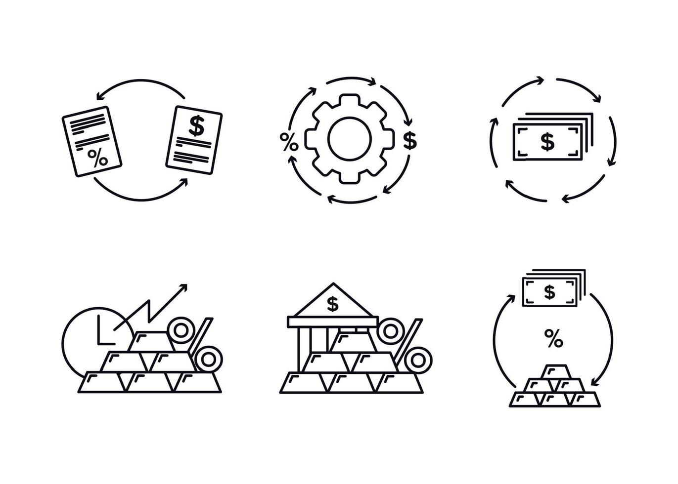 finansiera. vektor illustration uppsättning av skuld refinansiering ikoner, insättningar i dyrbar metaller