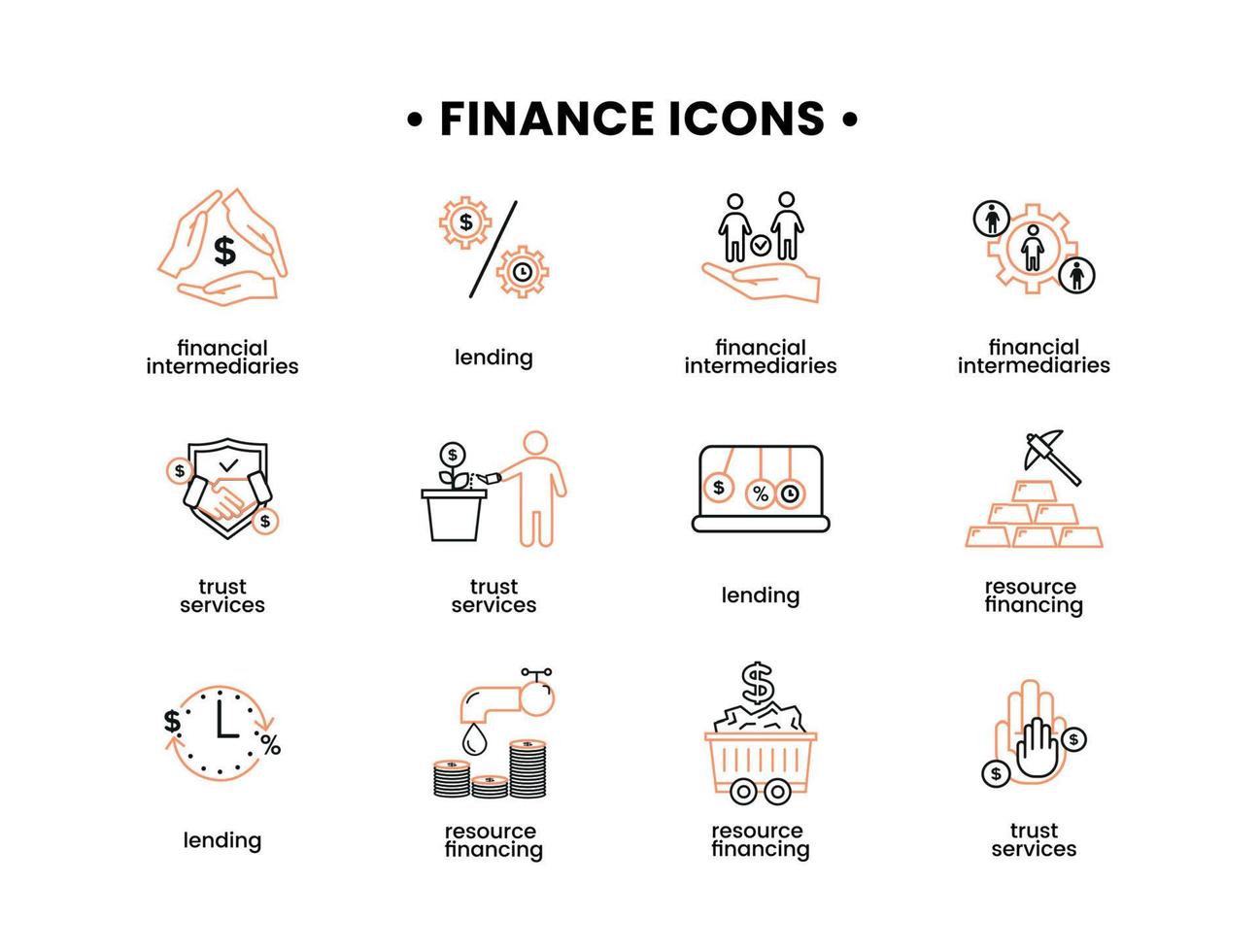 Finanzen Symbole Satz. Vektor Illustration von finanziell Vermittler Symbole, Ressource Finanzierung, Vertrauen Dienstleistungen, Ausleihe.