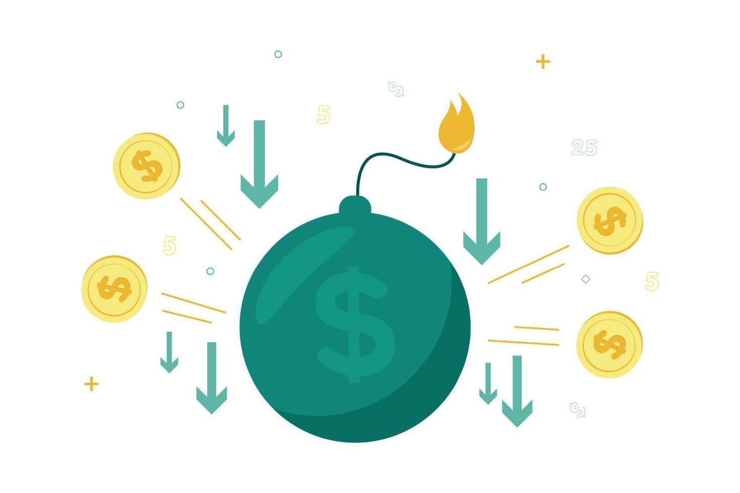 finansiera. vektor illustration av devalvering. bomba med dollar tecken och brinnande känt, runt om dollar mynt och ner pil