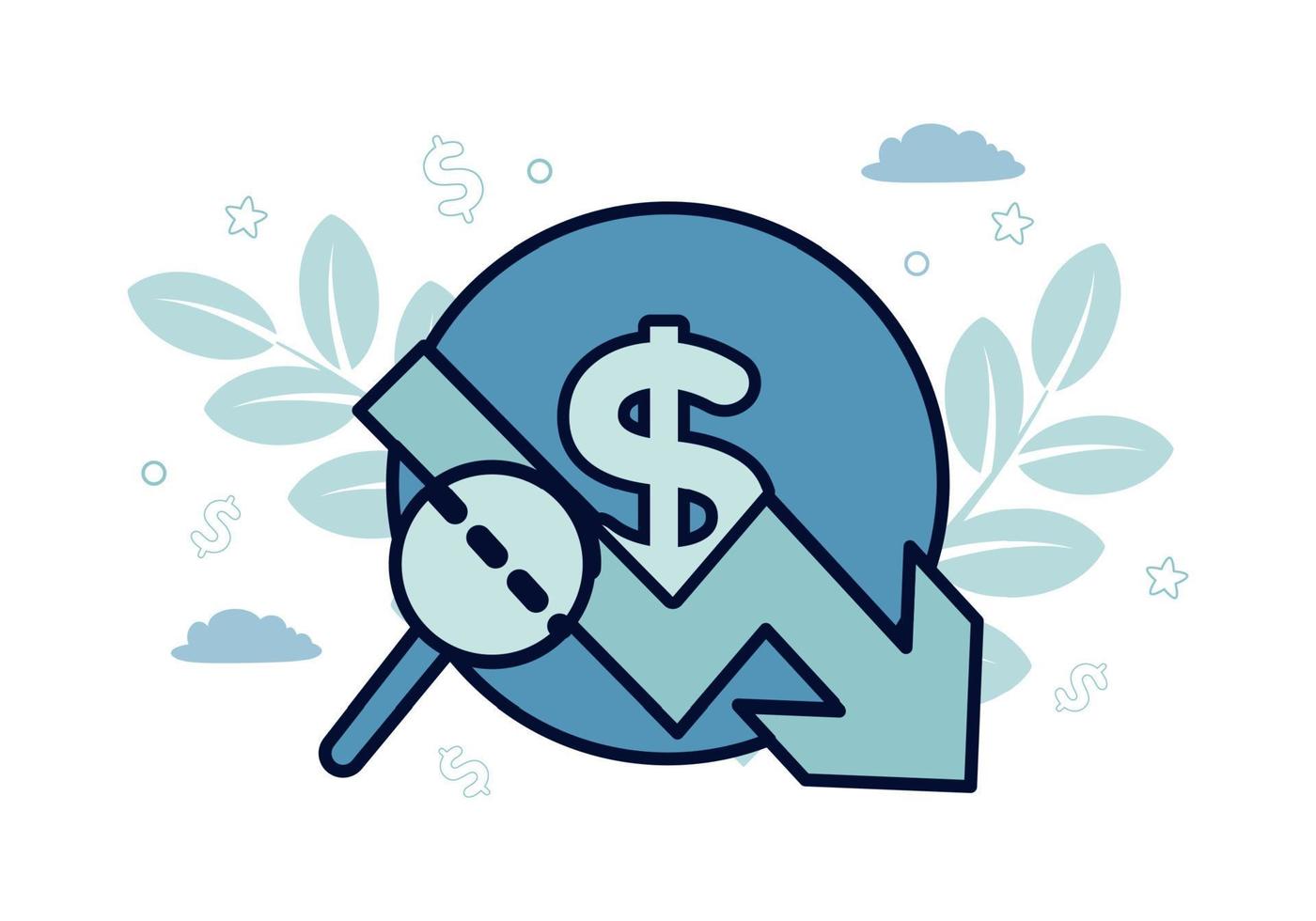 Finanzen. Vektor Illustration von Ökonometrie. Dollar Symbol, Pfeil zeigen Nieder auf Es, Lupe, gegen das Hintergrund von Blätter, Geäst, Wolken, Sterne