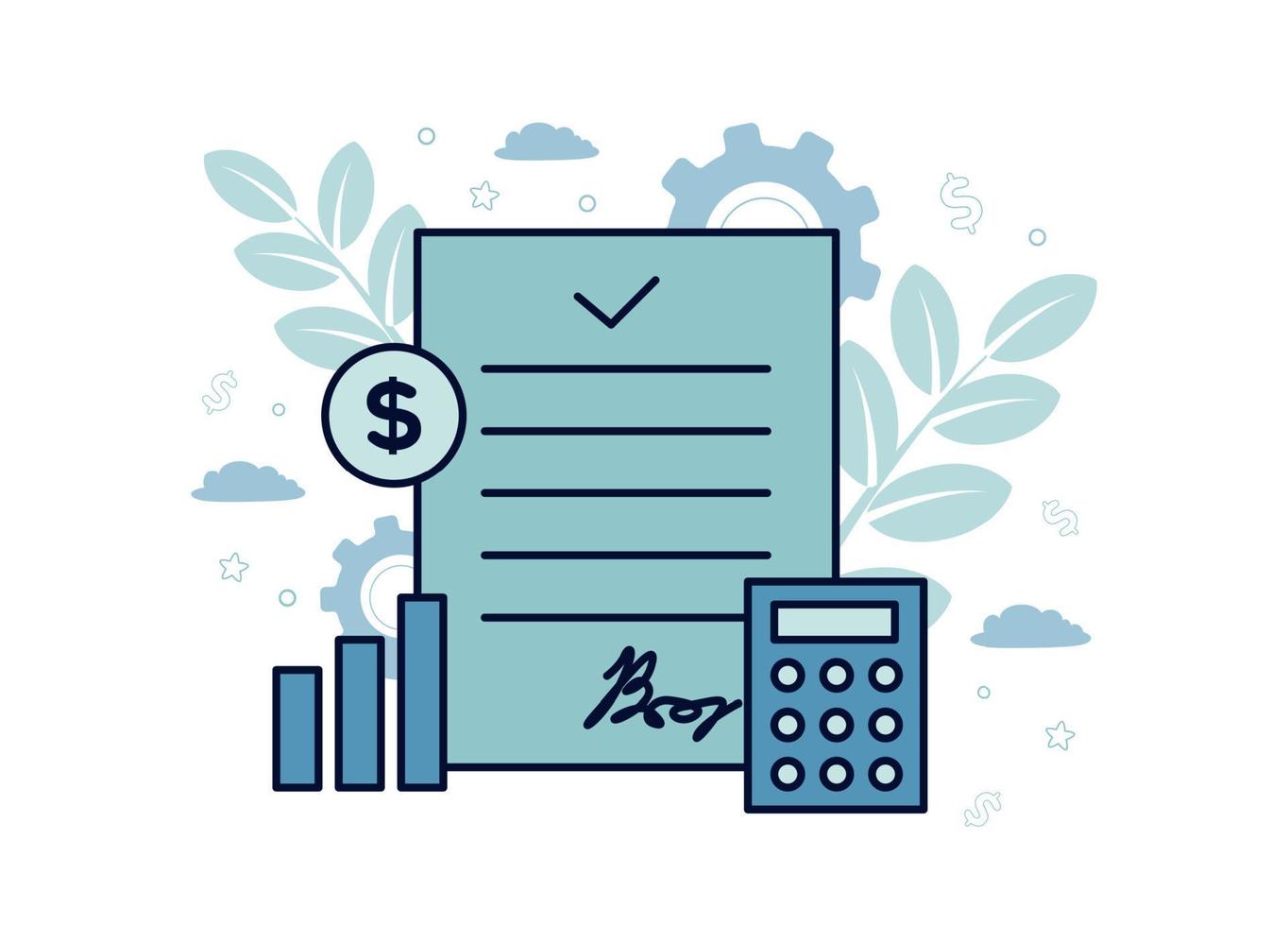 finansiera illustration. finansiell utbyta. en dokumentera på den med en kalkylator, Diagram, mynt, på de bakgrund av växlar, moln, grenar med löv, dollar tecken, stjärnor vektor