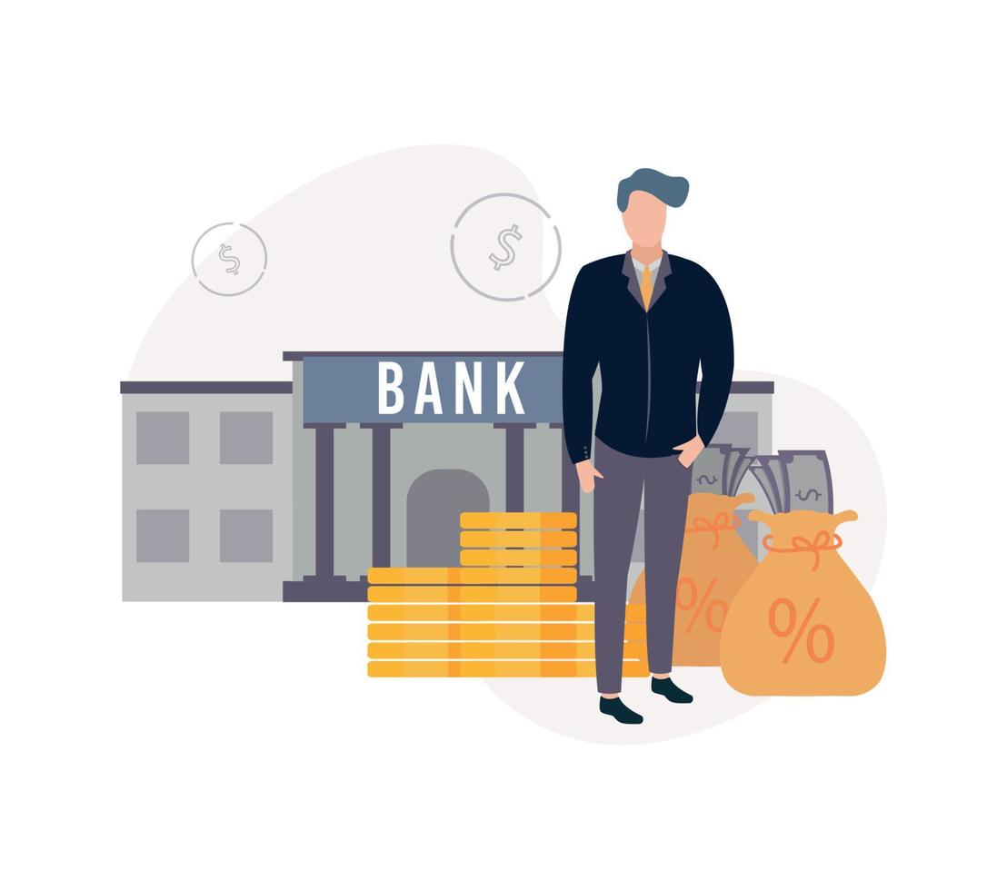 illustration av en man stående nära pengar påsar med anteckningar, stackar av mynt, Bakom honom en Bank, på de bakgrund av mynt tecken vektor