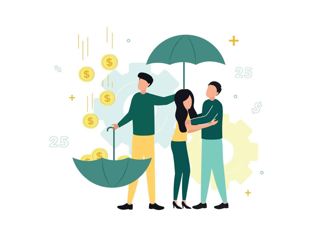 finansiera. förtroende, förtroendeman tjänster. människor stå under ett paraply hölls förbi en man ovan dem, med ett omvänd paraply i de Övrig hand, in i som mynt är faller. vektor illustration