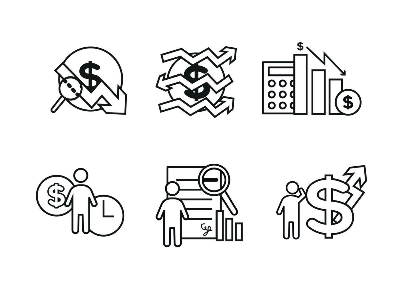 finansiera ikoner uppsättning. vektor illustration av finansiell förvaltning, ekonometri. en dollar tecken, Nästa till som är de silhuett av en man, följt förbi ett upp pil.