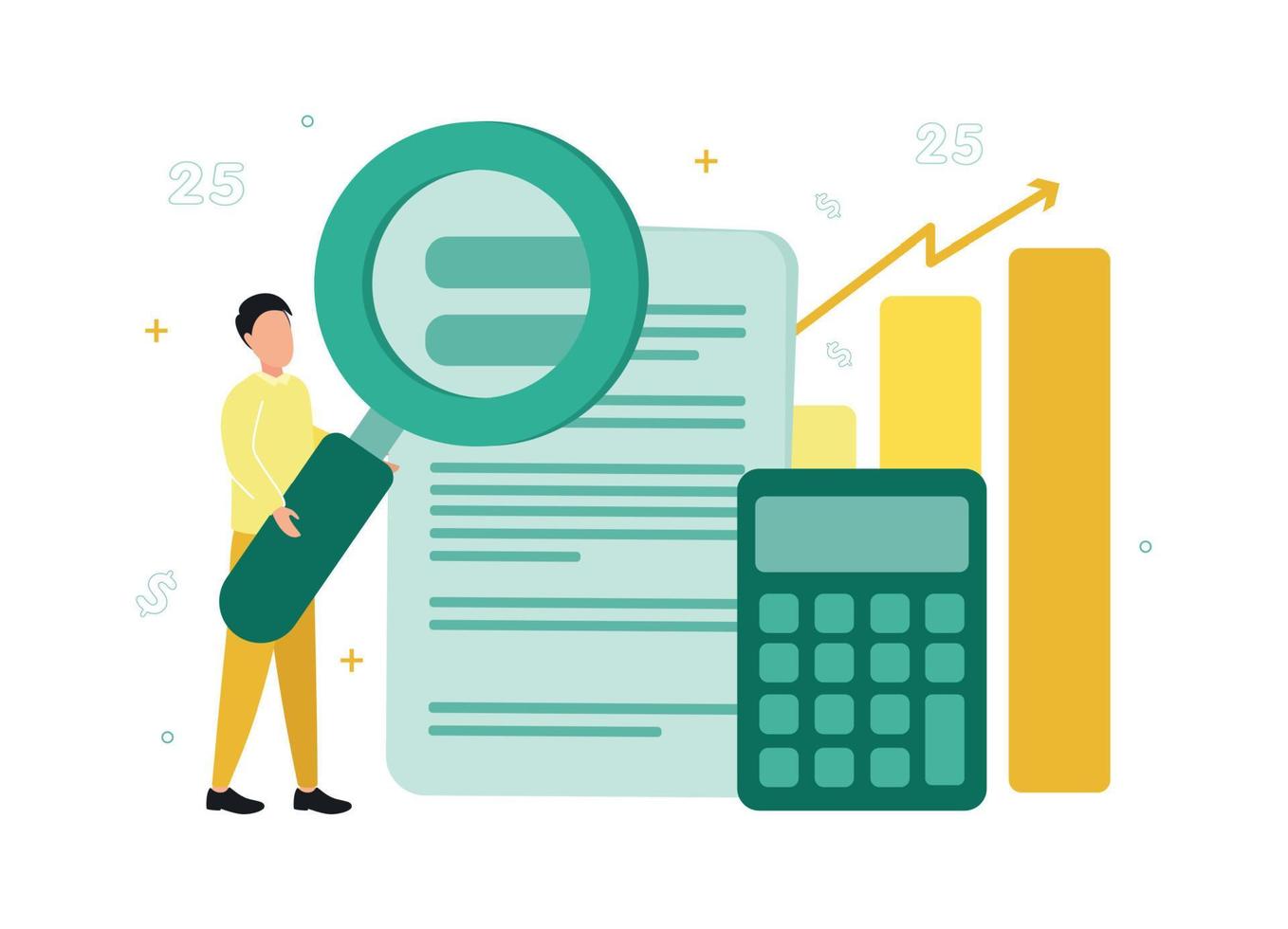 finansiera. finansiell utbyta. en man med en förstorande glas i hans händer står nära en dokumentera, en kalkylator, på de bakgrund av en diagram och Graf. vektor illustration