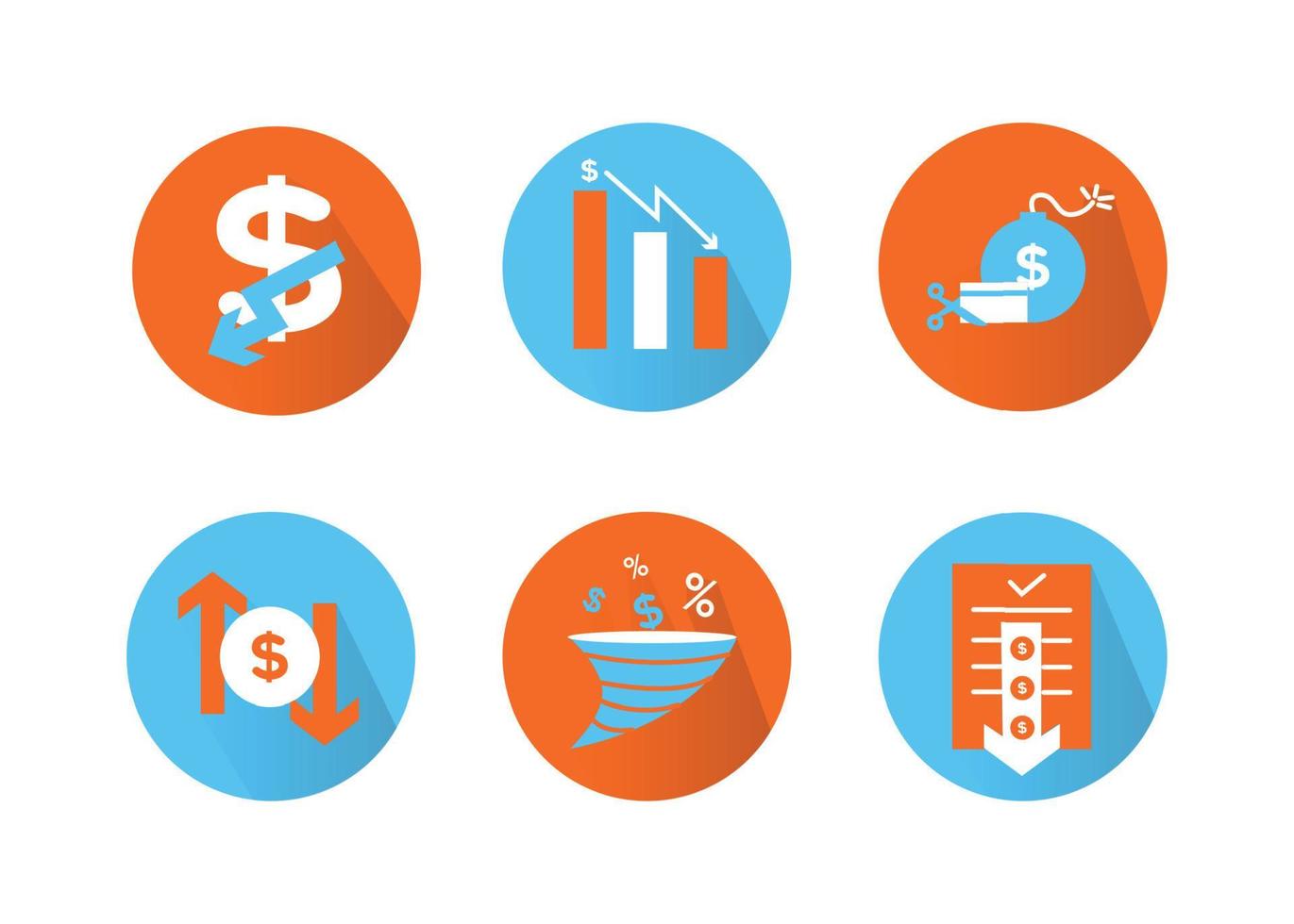 Finanzen Symbole Satz. Vektor Illustration von Abwertung, Standard. das Dollar Symbol auf welche das Nieder Pfeil. Dollar Symbol im ein runden rahmen, auf das Seiten von welche Dort sind oben und Nieder Pfeile.