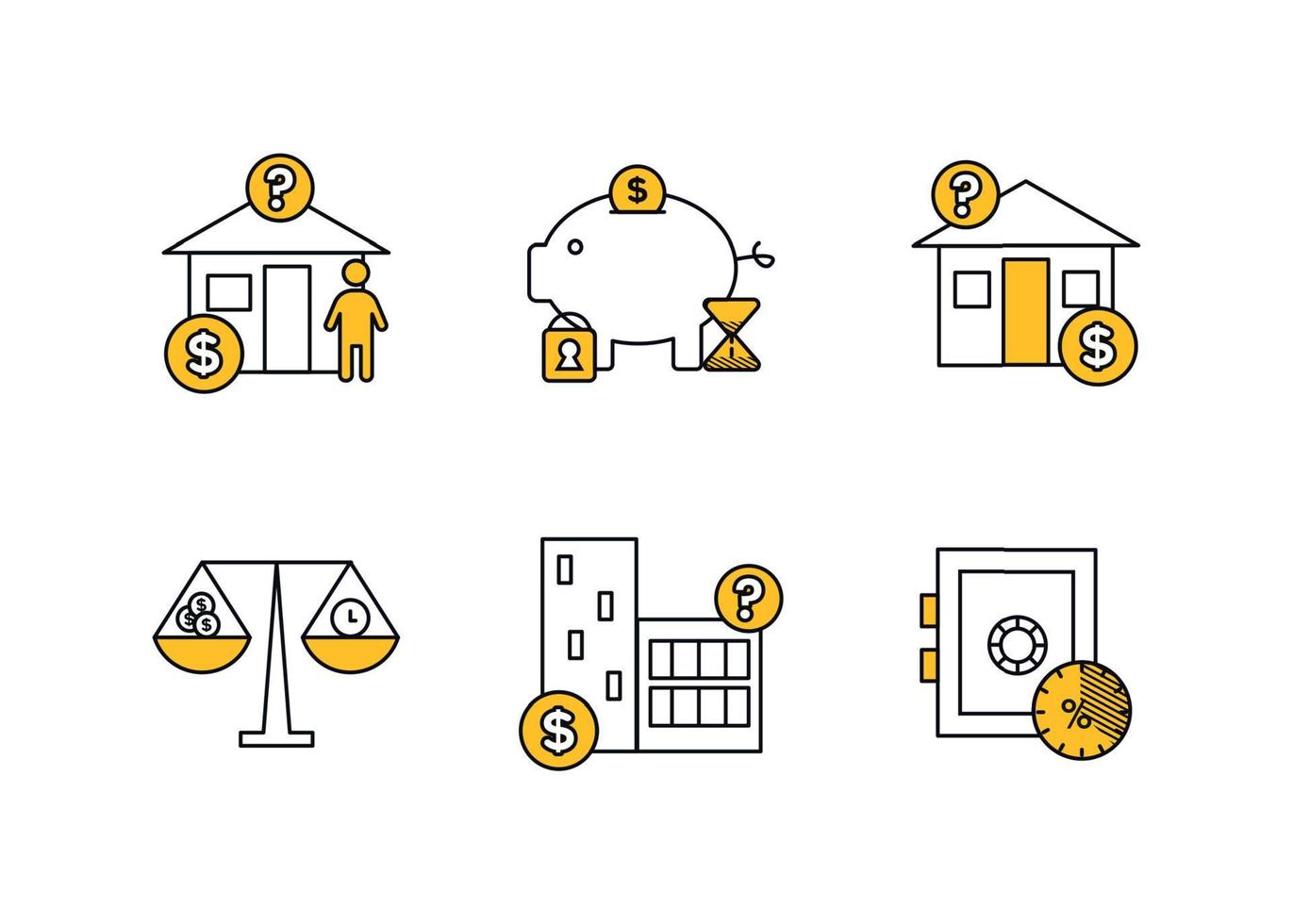 Finanzen. Vektor Illustration einstellen von Verwahrstelle Dienstleistungen Symbole, Eigentum Bewertung