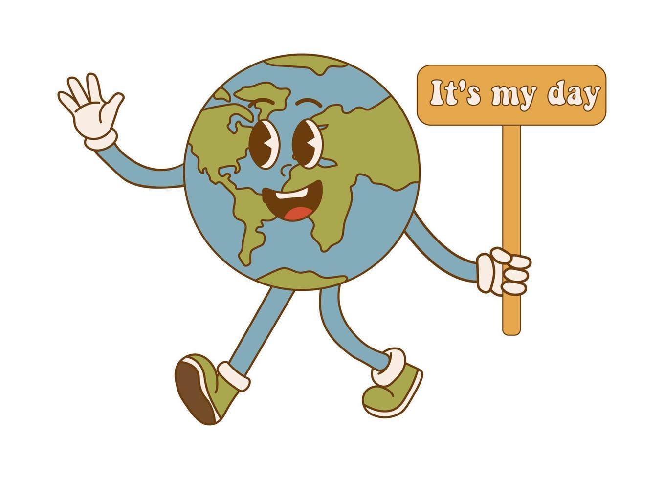 jord dag. dess min dag text. tecknad serie söt jord planet karaktär i retro stil. miljö- eco begrepp vektor