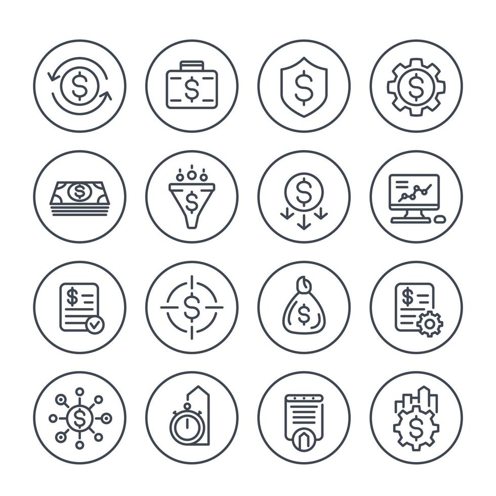 ekonomi, ekonomi och penninghantering, kostnadsoptimering ikoner set vektor