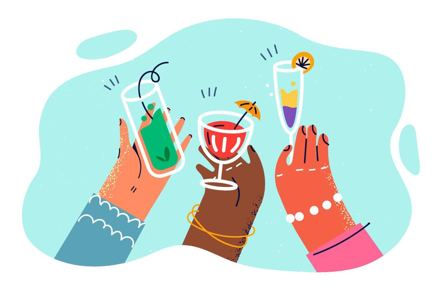 Hände von Menschen mit Brille von alkoholisch Obst Cocktails während Party im Verein oder auf Strand. Hände mit anders Haut Farben mit Brille gefüllt mit Cocktails und Getränke zum Freitag Party vektor