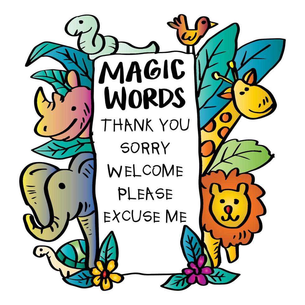 magi ord affisch med söt tecknad serie djur. pedagogisk posters för klassrum. vektor