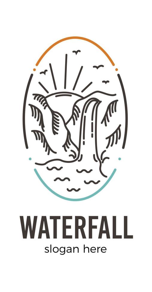 Wasserfall Illustration auf ein Hintergrund von Berge. Sonnenuntergang, Vögel. Vektor Bild.