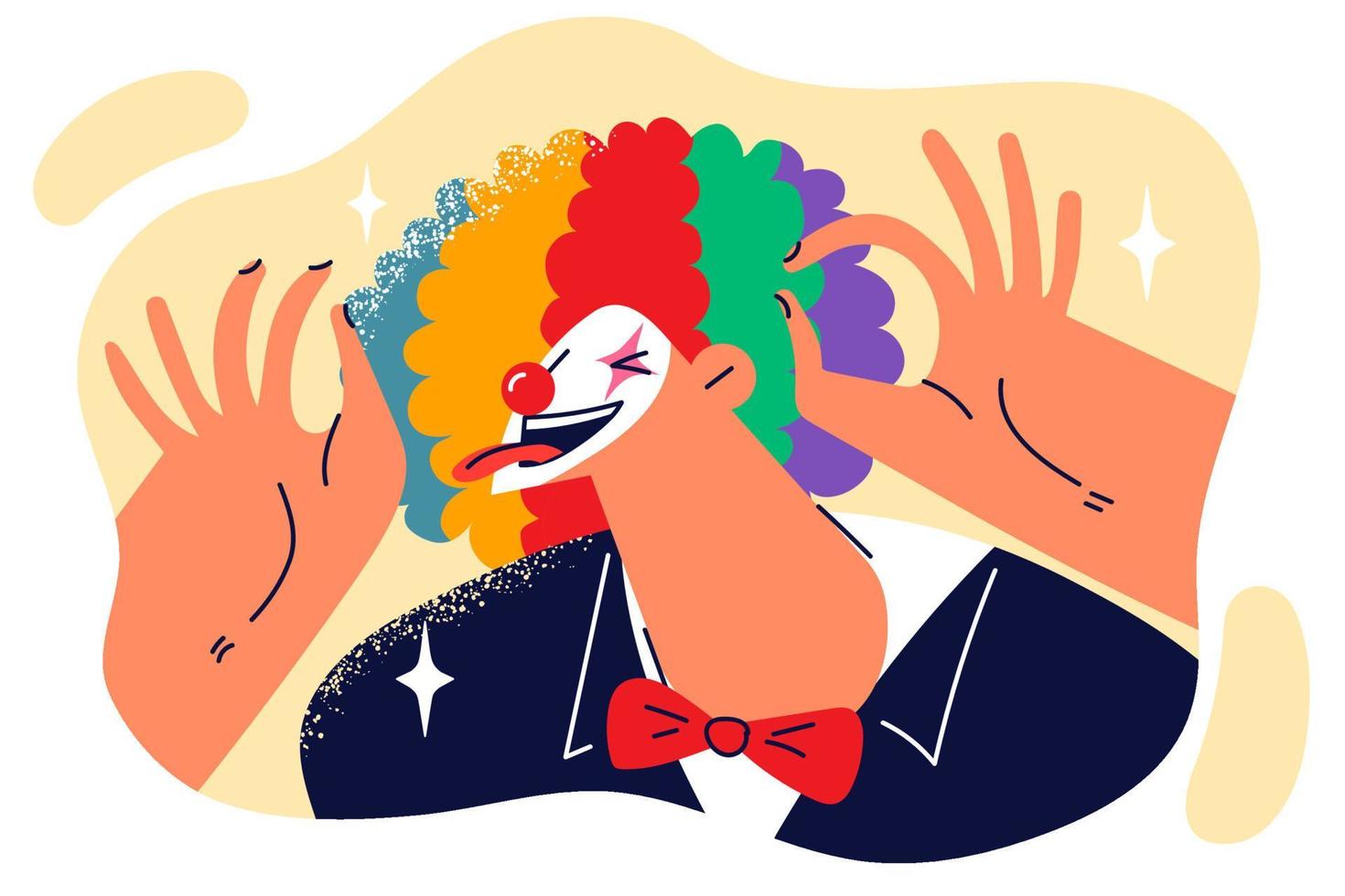 clown pinnar ut tunga och gör rolig ansikten till publik skratt på cirkus eller humoristisk teater- prestanda. clown ger glädje till människor under festlig komedi visa designad till heja på upp andra vektor