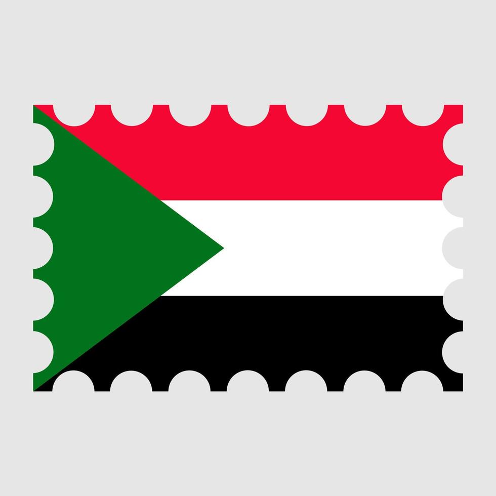 Porto Briefmarke mit Sudan Flagge. Vektor Illustration.