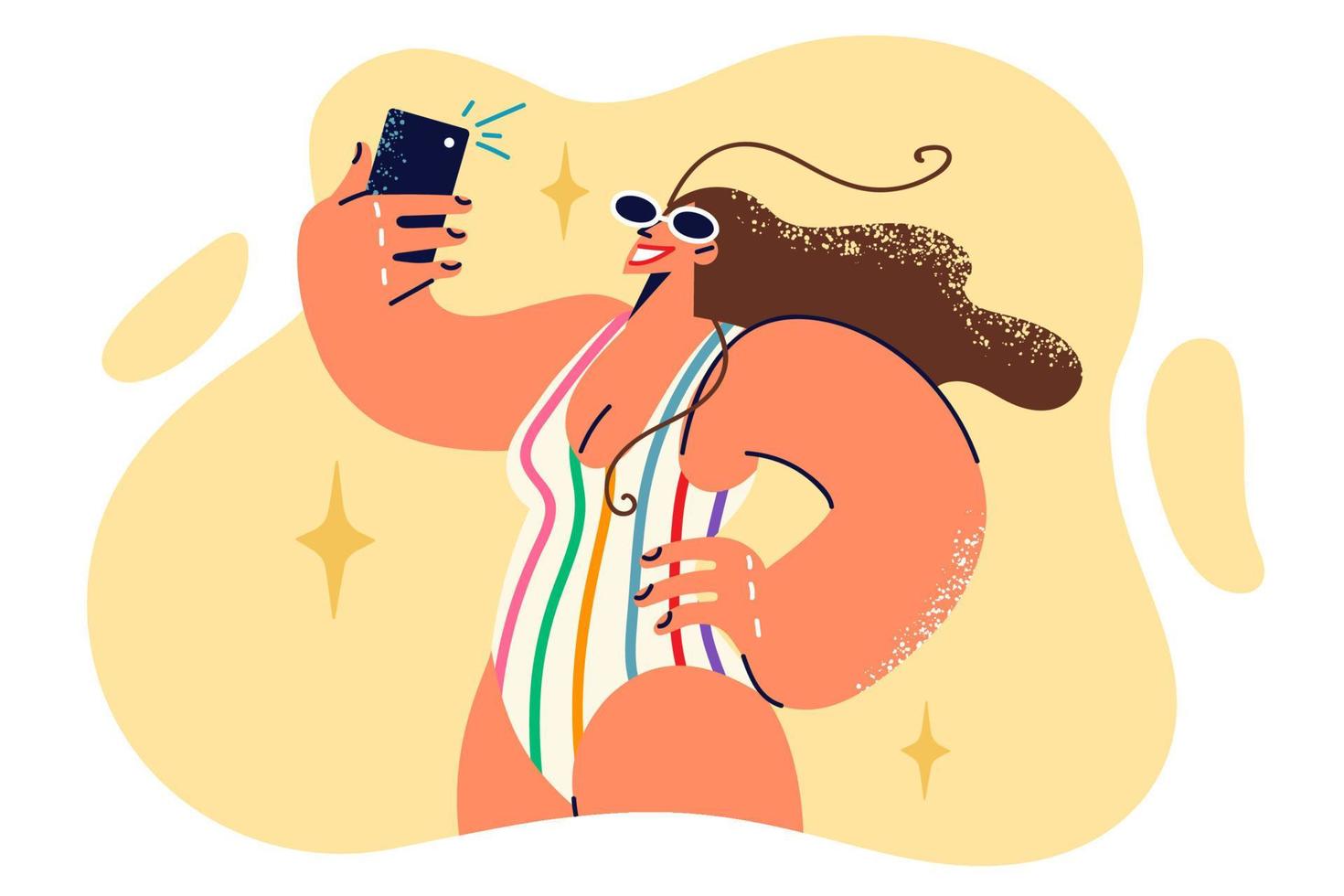 kvinna i baddräkt tar selfie eller video ring upp på telefon medan avkopplande i varm tillflykt. flicka i baddräkt åtnjuter solbad på strand av tropisk ö och tar selfie till dela med sig foton på social nät vektor