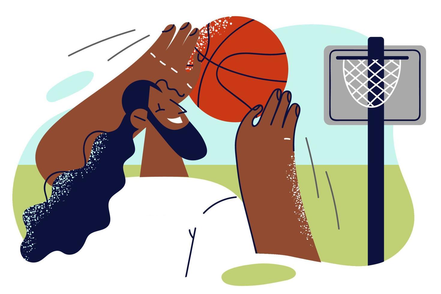 afrikanisch amerikanisch Mann mit Basketball im Hände genießen Hobby von üben zu schießen beim Netz. positiv Kerl Theaterstücke mit Basketball allein zu verbessern Kompetenzen Vor Wettbewerb und Sieg Über entgegengesetzt Mannschaft vektor