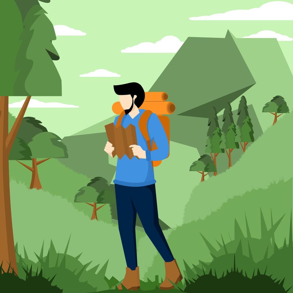 vandrare vandring eller vandring med ryggsäck gående i bergig vildmark landskap, man med ryggsäck vandring i berg, människor ser på Karta, natur platt vektor illustration.
