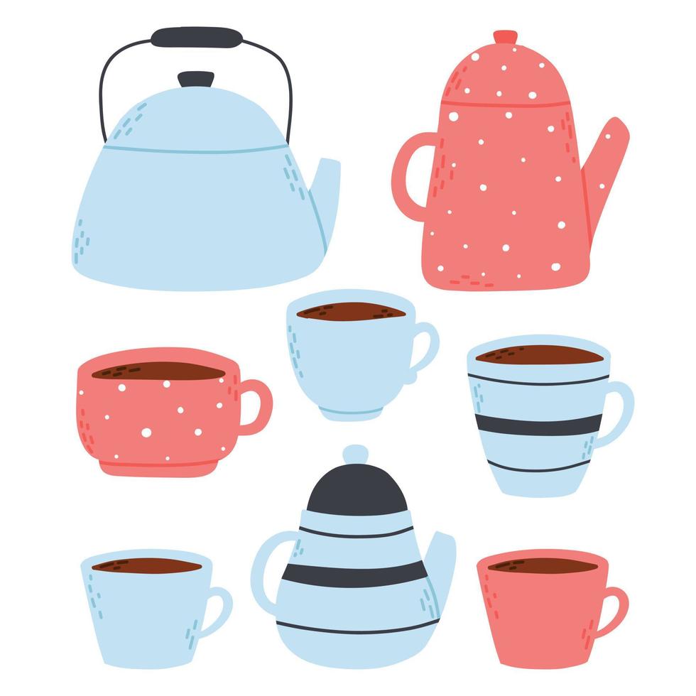 einstellen von Tassen und Teekannen im eben Stil. Sammlung von Tee Utensilien. Vektor Illustration.