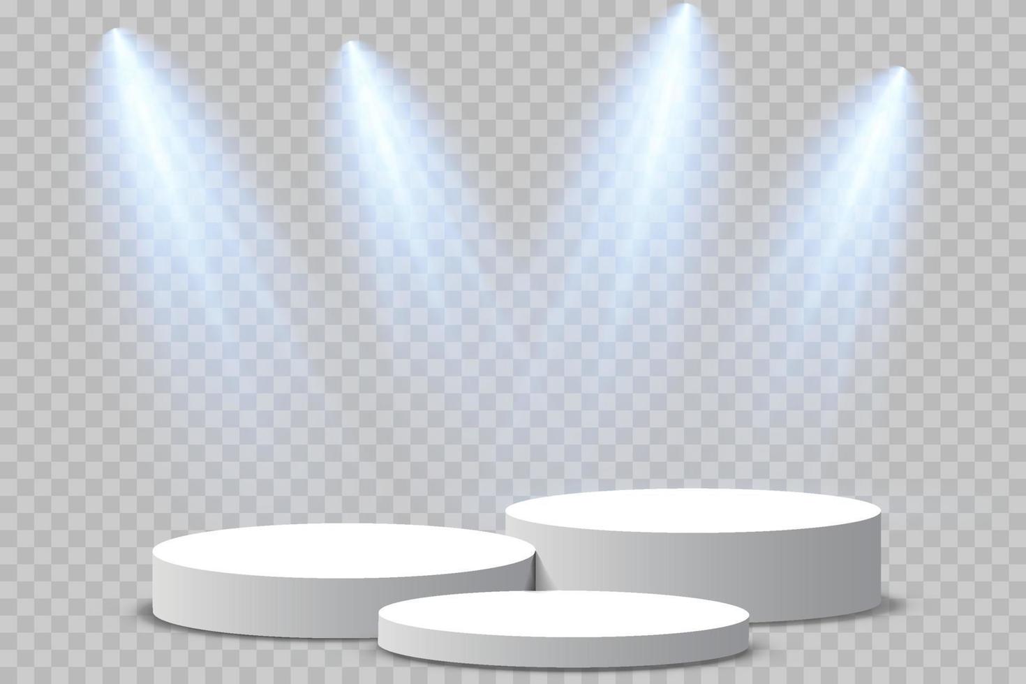 Podium Stand isoliert. Weiß Kreis Sockel, Säule oder Anzeige Bühne. Vektor leeren Preis- Sockel mit Blau Beamer Licht Balken.