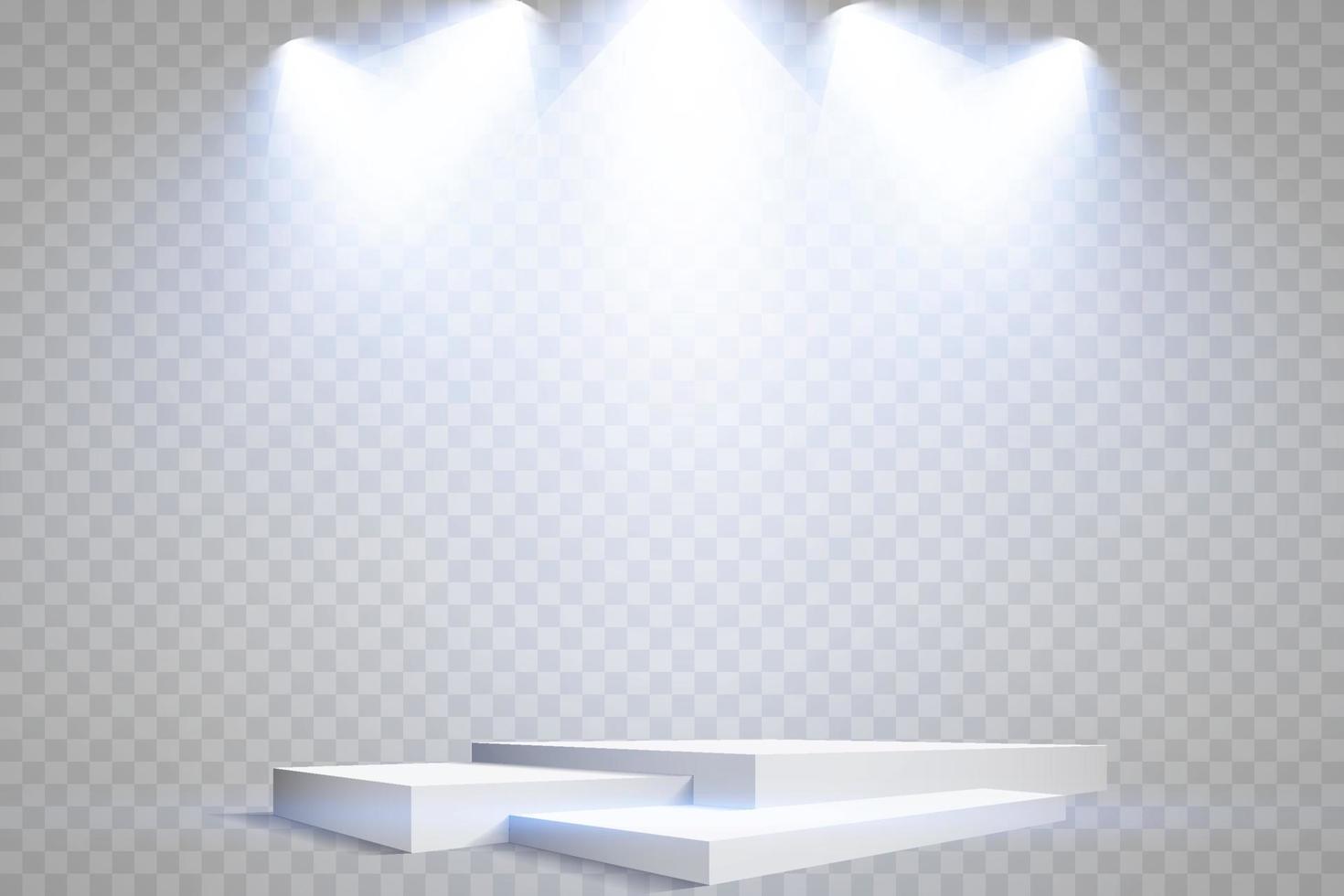 podium stå isolerat på transparent bakgrund. vit rektangel plint, pelare eller visa skede. vektor tömma pris- piedestal med blå projektor ljus strålar.