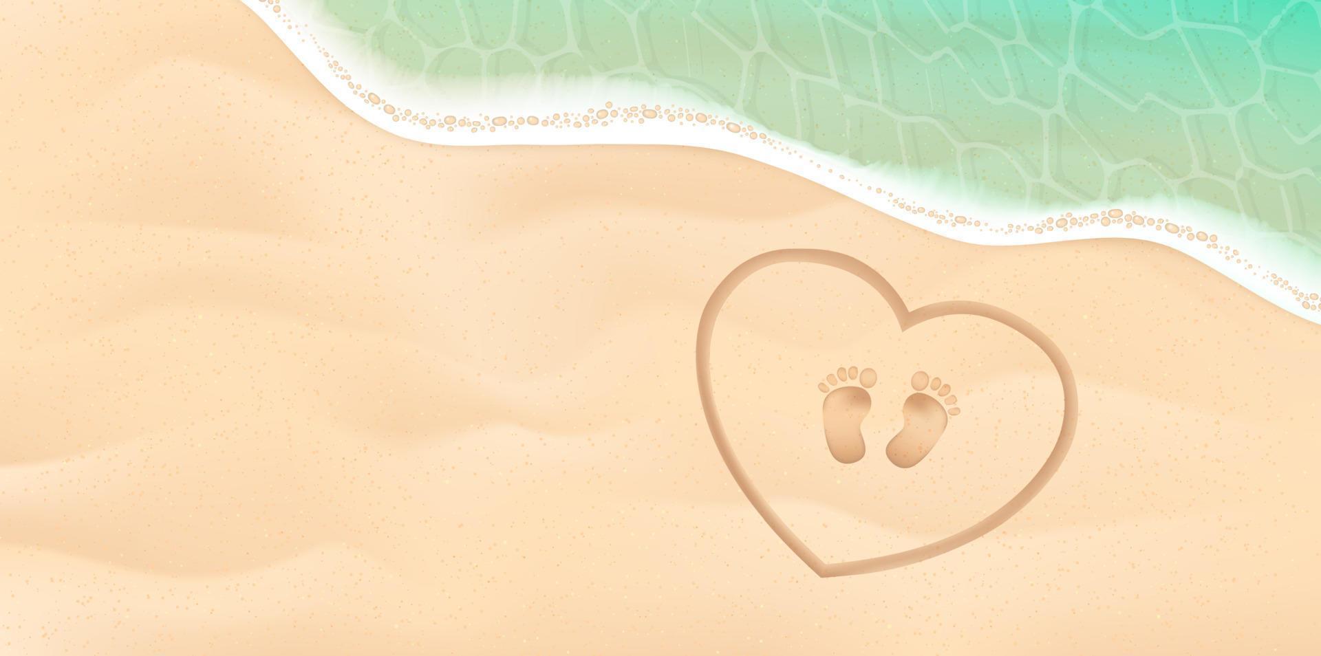 Baby Fußabdruck auf das Meer Ufer. Hintergrund mit Füße, Sand, Wasser. Vektor Illustration. Strand Baby Fußabdruck im das Herz und Meer Vektor Illustration