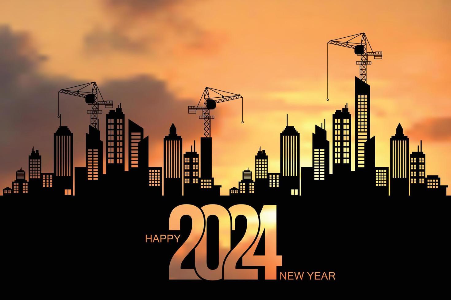 schwarz Silhouette von Konstruktion mit Kran und hell Morgen Himmel. zu bereiten zu herzlich willkommen das Jahr 2024, glücklich Neu Jahr, Ändern Neu Unternehmungen. Vektor Illustration isoliert auf das Hintergrund.