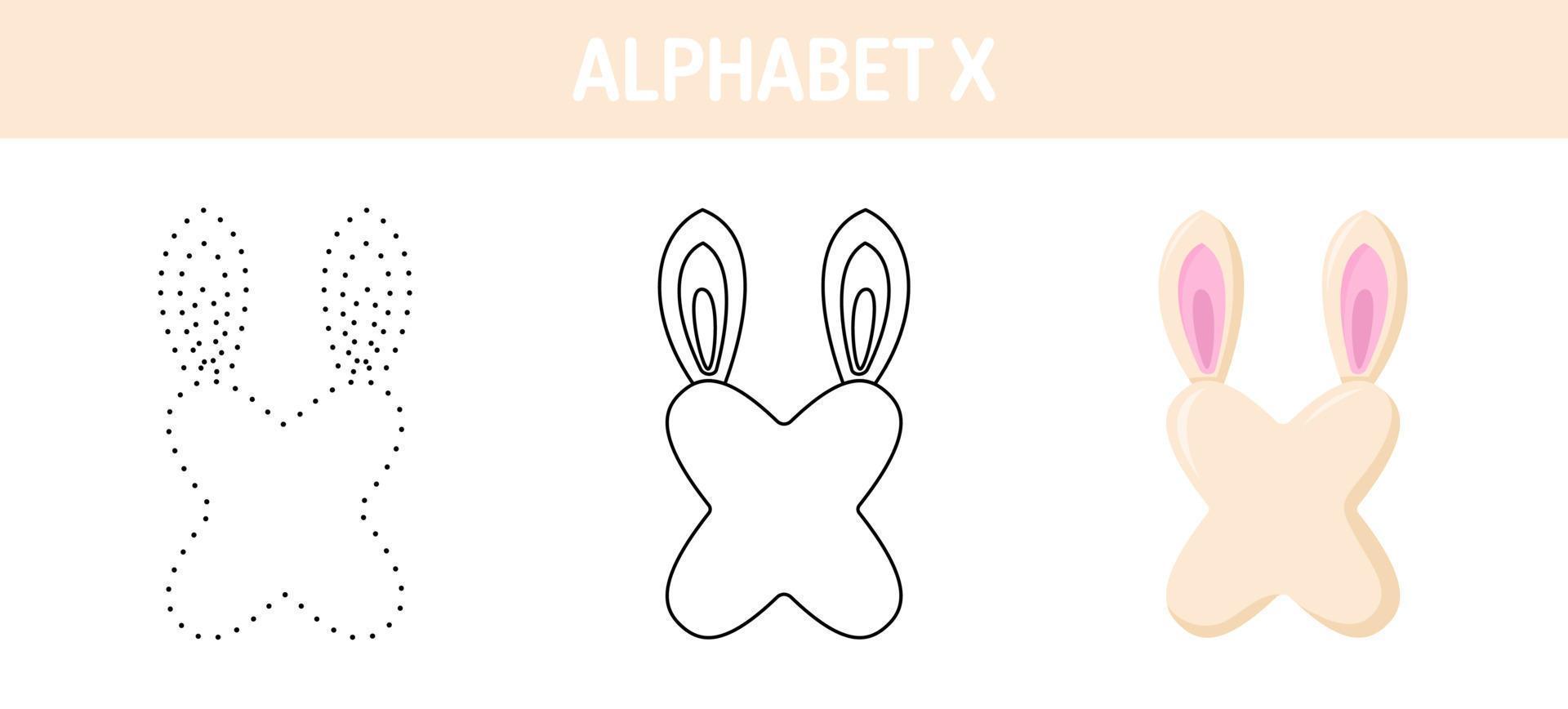 Arbeitsblatt zum nachzeichnen und ausmalen von alphabet x für kinder vektor
