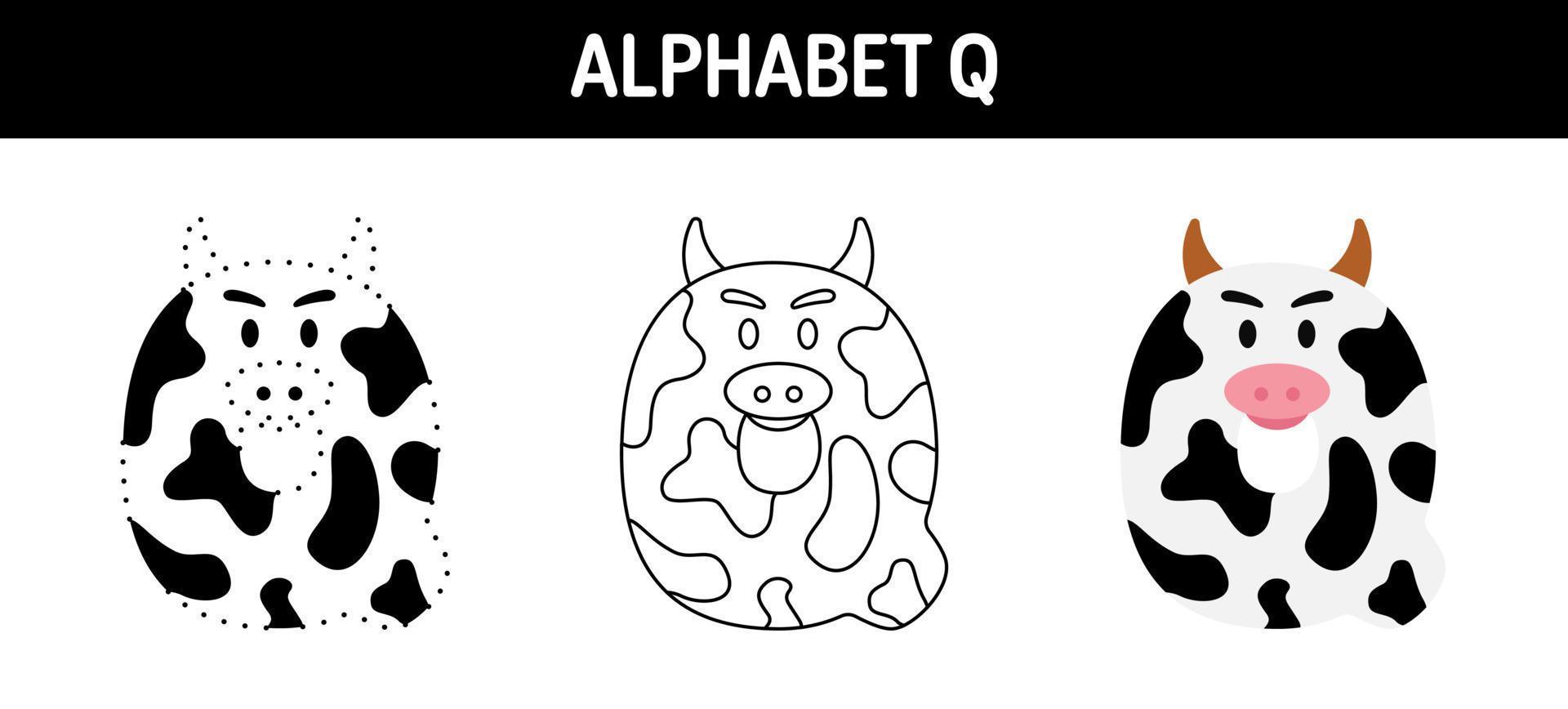 Arbeitsblatt zum nachzeichnen und ausmalen von alphabet q für kinder vektor