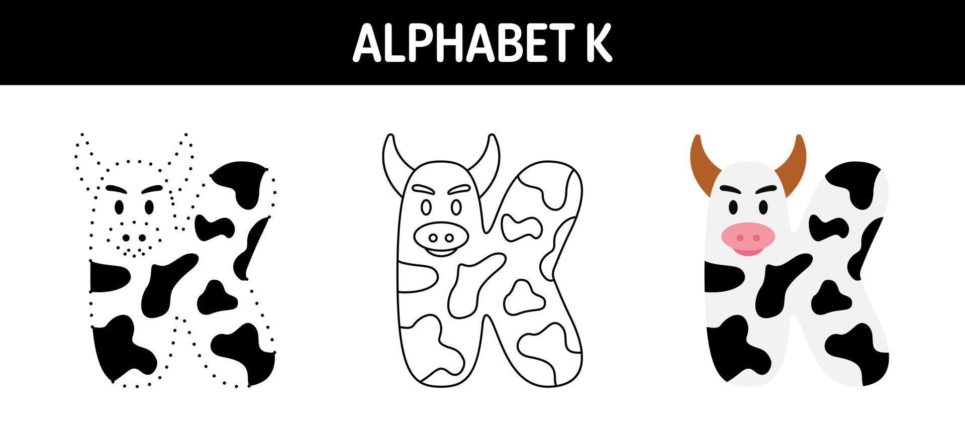 Arbeitsblatt zum nachzeichnen und ausmalen von alphabet k für kinder vektor