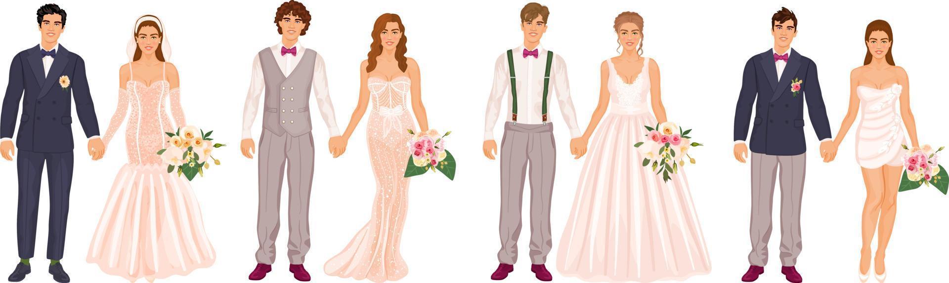 Hochzeit Paare Satz, verschiedene Kleid Stile, Anzüge und Zubehör. Männer und Frauen halten Hände, Hochzeit Zeremonie Tag. Bräute und Bräutigame Sammlung, isoliert auf ein Weiß Hintergrund. vektor