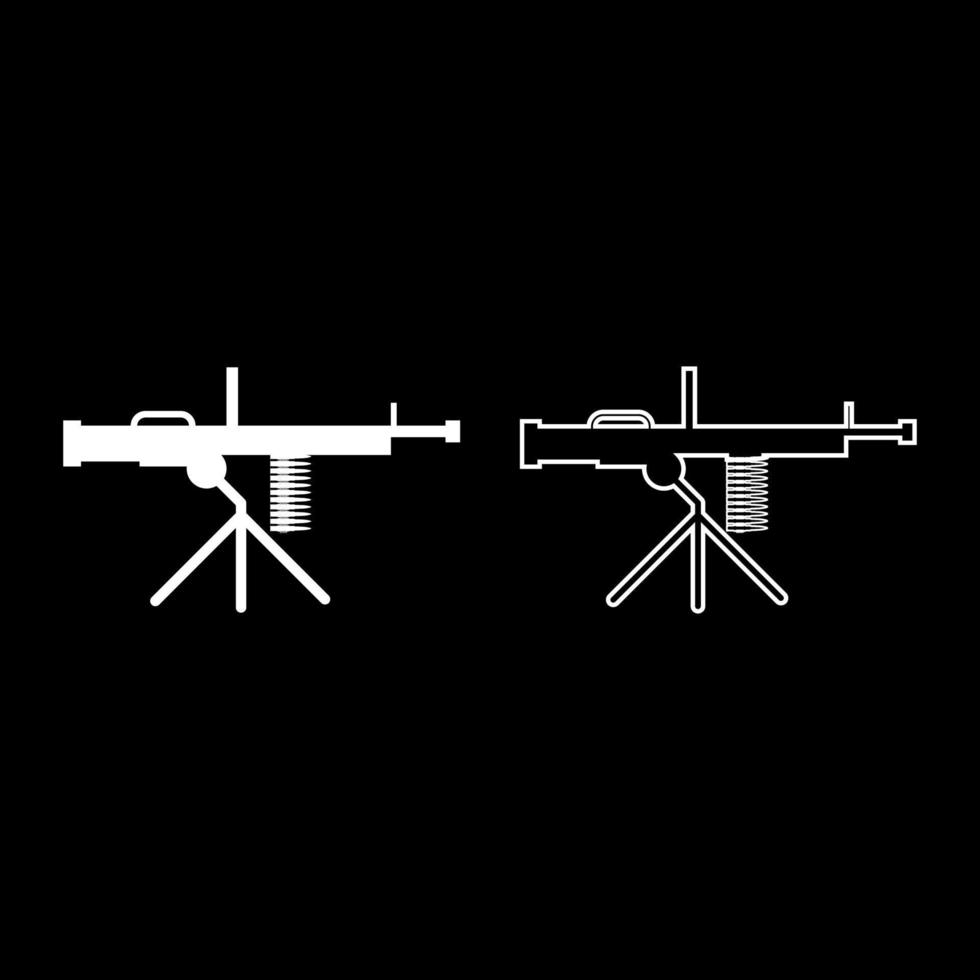 Maschinengewehr Waffe einstellen Symbol Weiß Farbe Vektor Illustration Bild solide füllen Gliederung Kontur Linie dünn eben Stil