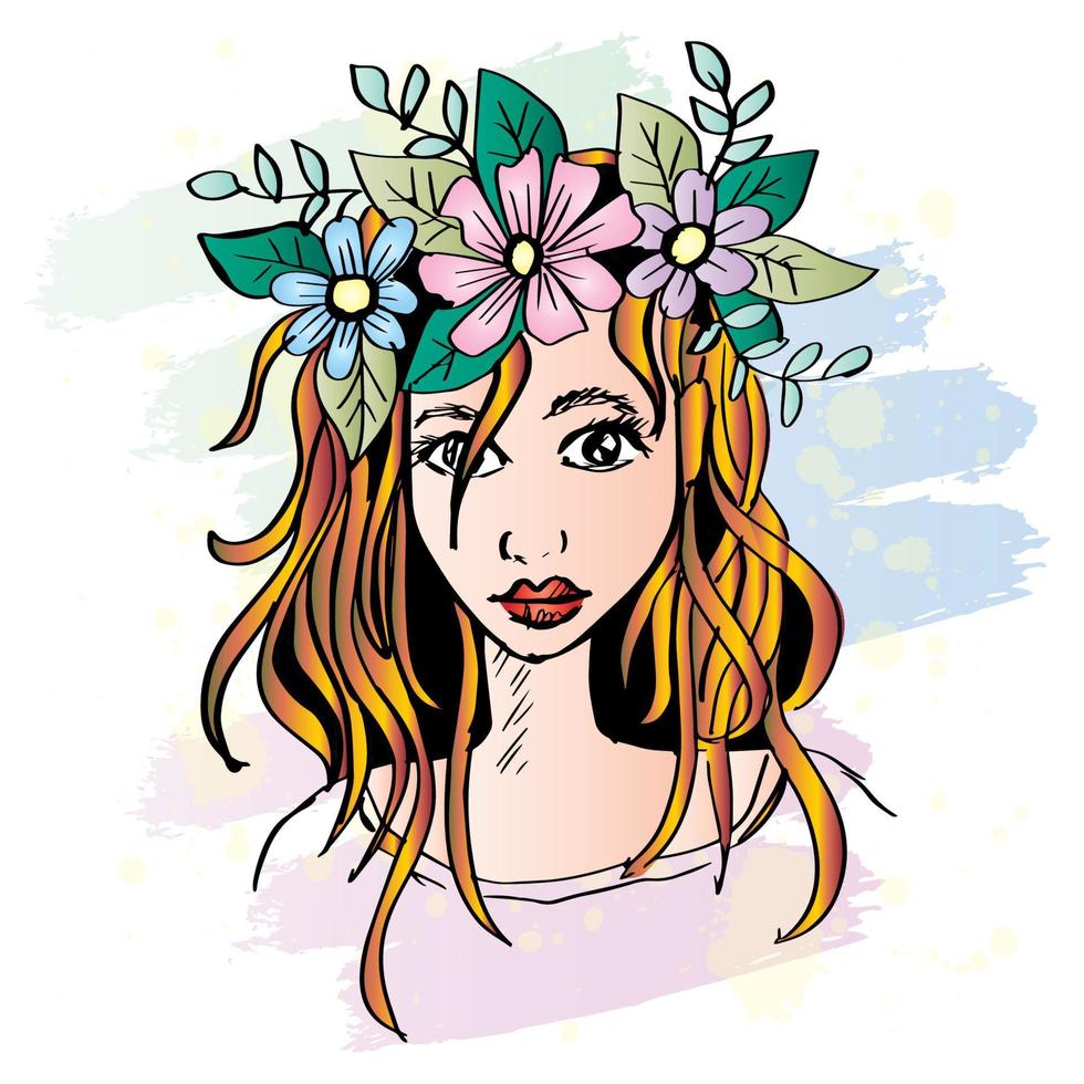 skiss teckning skön ung kvinna med blomma krans i henne hår. vektor