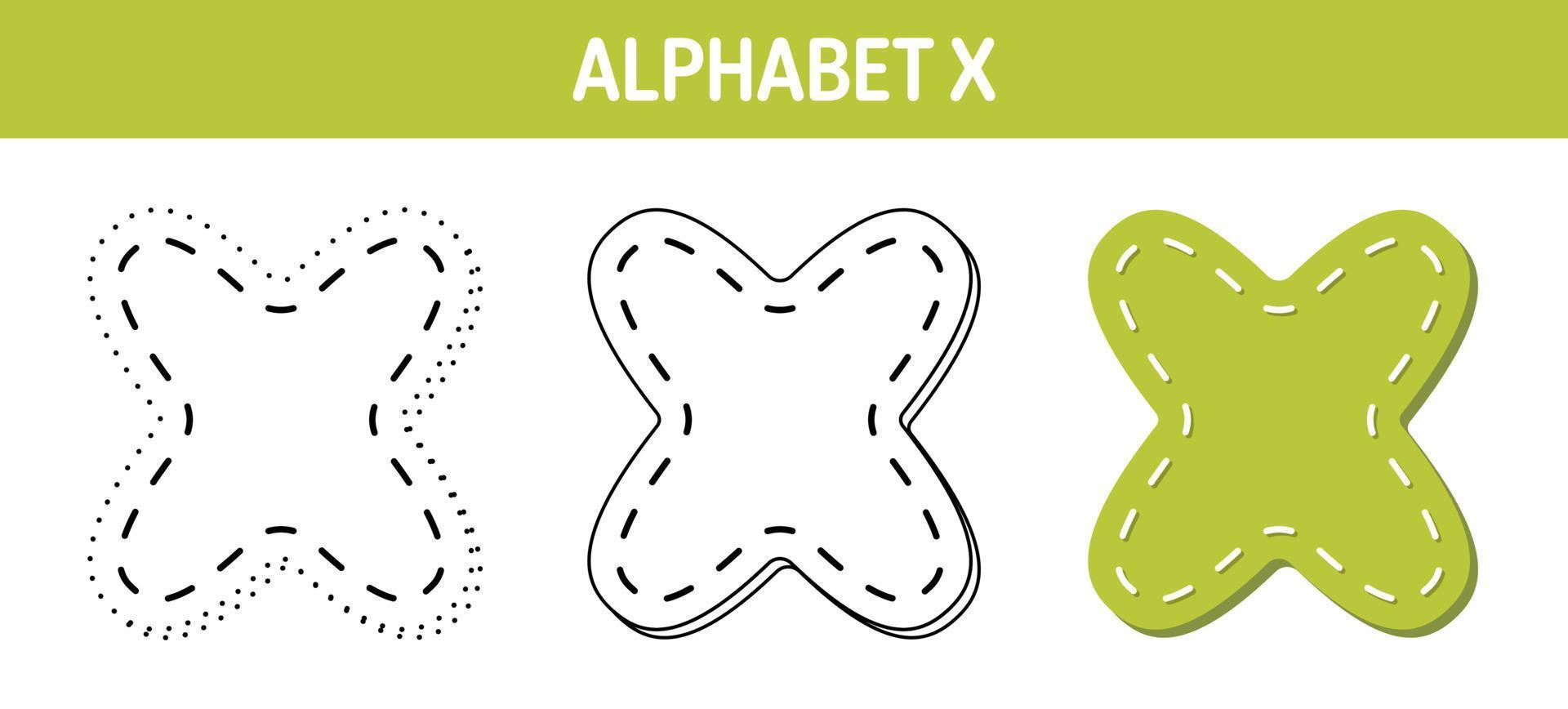 Arbeitsblatt zum nachzeichnen und ausmalen von alphabet x für kinder vektor