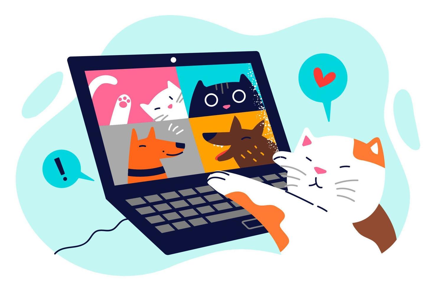 Katze ist reden mit Tier freunde über Video Konferenz mit Laptop zum online Verhandlungen. Videokonferenz von Haustiere mit Digital Technologien parodieren Zusammenarbeit und Geschäft Kundgebungen vektor