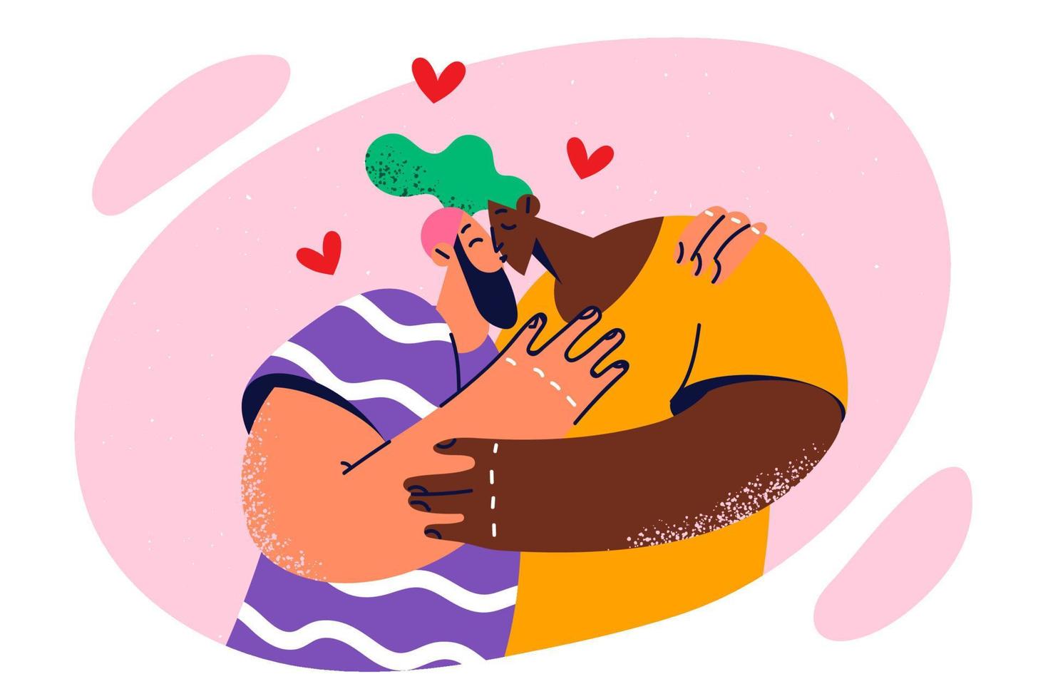 multietnisk par av man och kvinna göra passionerad kissing efter lång separation eller ha sönder i relation. raser afro amerikan flicka och man kissing under promenad eller datum tillsammans vektor