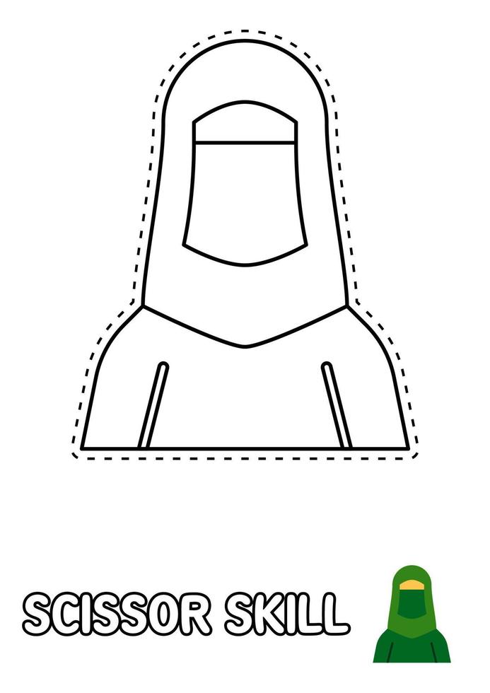 Schere Fertigkeit Seite mit Muslim Frau zum Kinder vektor