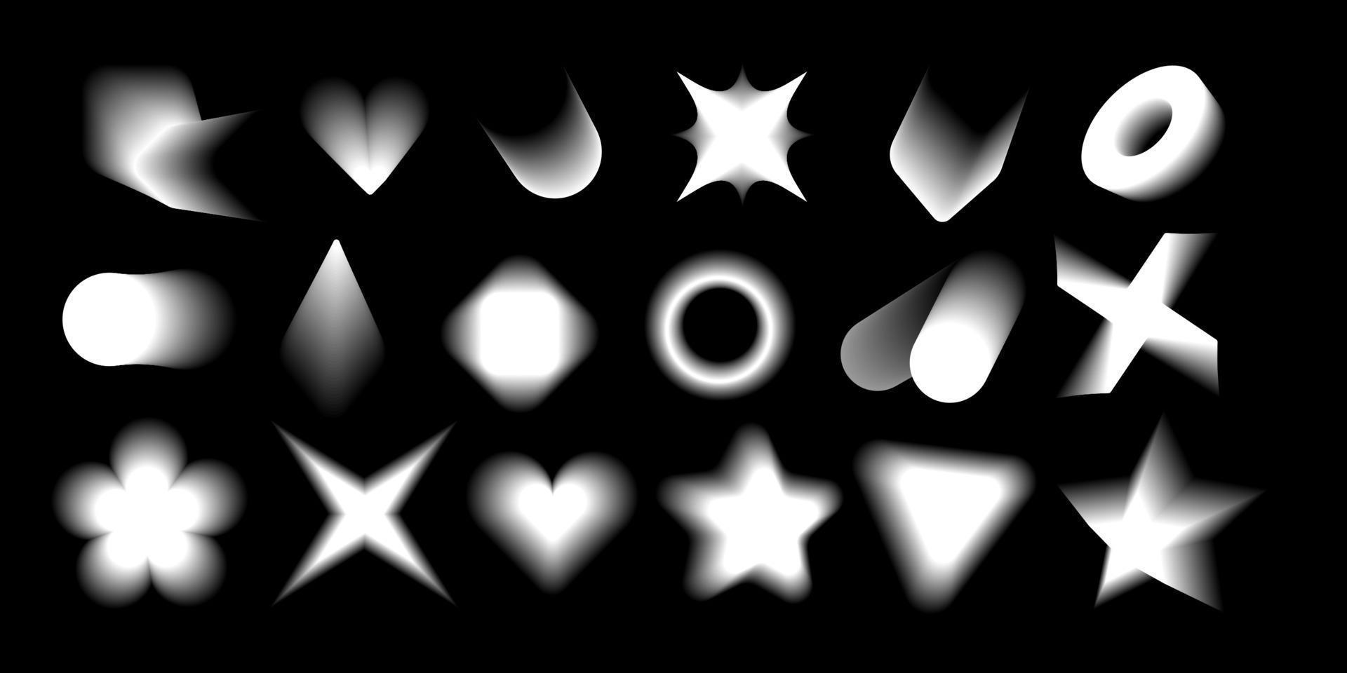 suddigt lutning former uppsättning med y2k transparent aura. 00-talet brutalism effekt samling. vit på svart dekorativ geometrisk element. trendig bedrövad abstrakt banderoller skapare. isolerat vektor