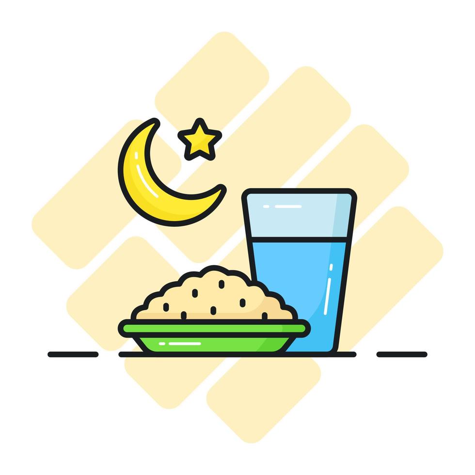 Reis Schüssel mit Wasser Glas und Halbmond Mond Vektor von iftar Symbol