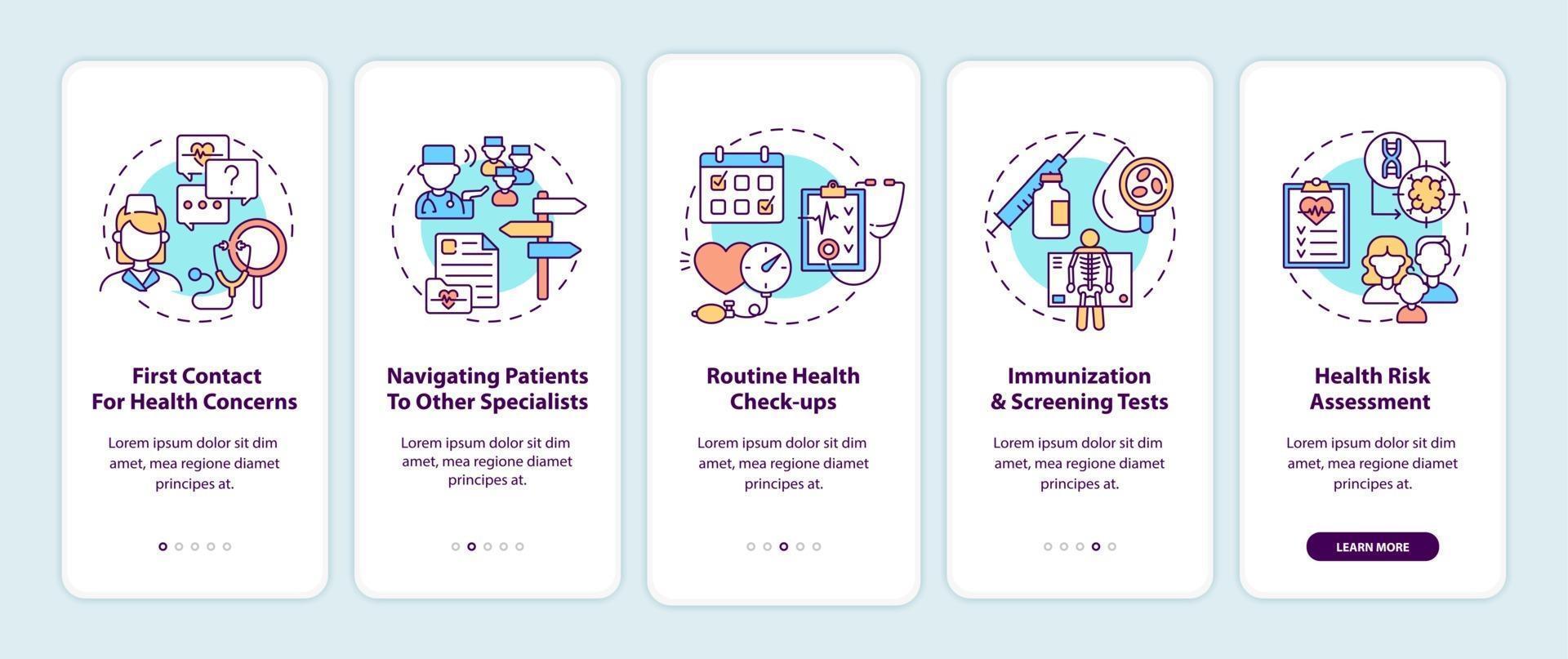 Hausarzt Aufgaben Onboarding Mobile App Seite Bildschirm mit Konzepten vektor