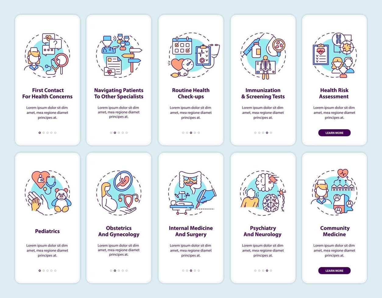 Hausarzt Onboarding Mobile App Seite Bildschirm mit Konzepten festgelegt vektor