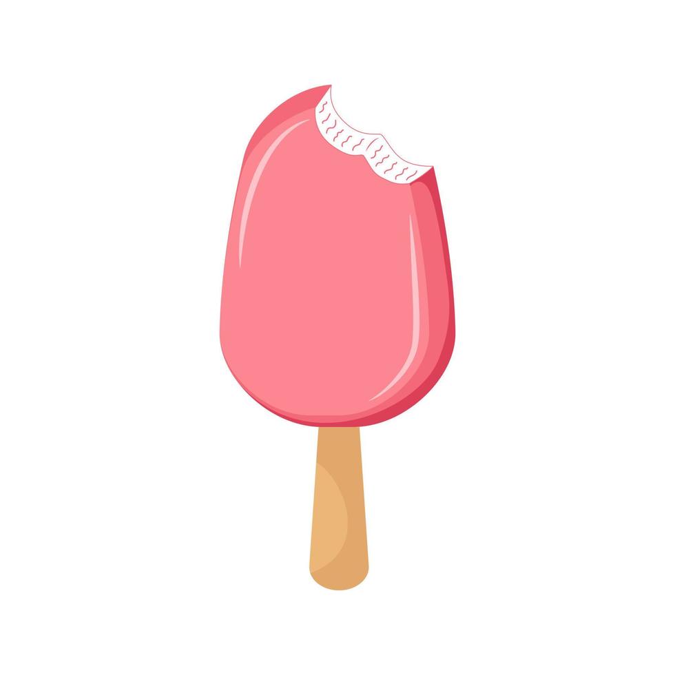 Eis Sahne im Rosa Glasur. Eis Sahne mit Stück gebissen aus. Süss Sommer- erfrischend Nachtisch. Erdbeere Eisbecher. gefroren behandelt. Vektor Illustration