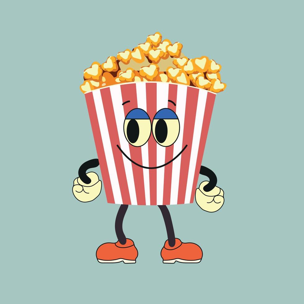 Karikatur komisch Popcorn Charakter. Vektor Popcorn Eimer mit süß lächelnd Gesicht, Waffen, Beine. schnell Essen zum Kino, komisch Charakter mit positiv Emotionen.