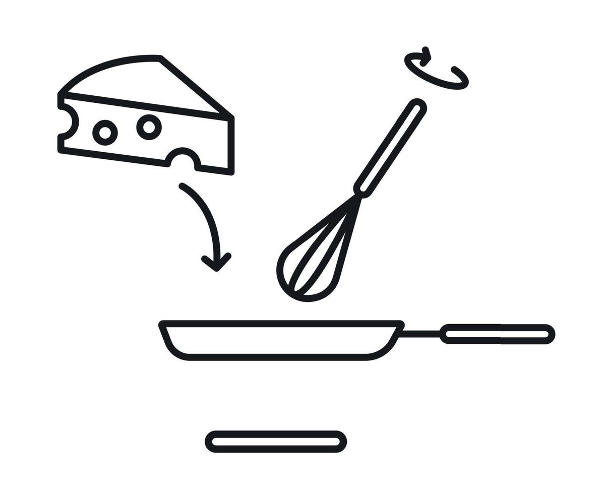 hinzufügen das Käse zu das Pfanne. braten schwenken auf ein Gas Herd. Vektor Illustration. Linie Stil Symbol