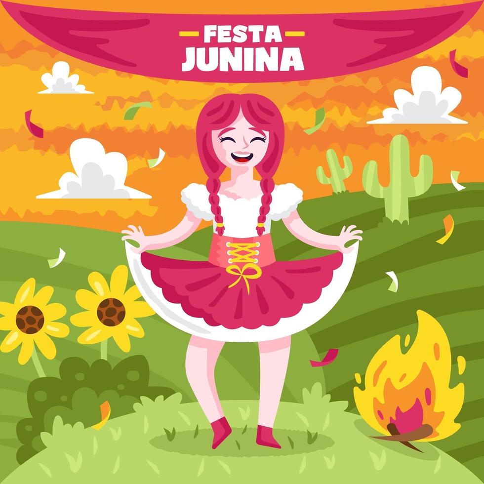 Mädchen, das festa junina am Sonnenuntergang feiert vektor