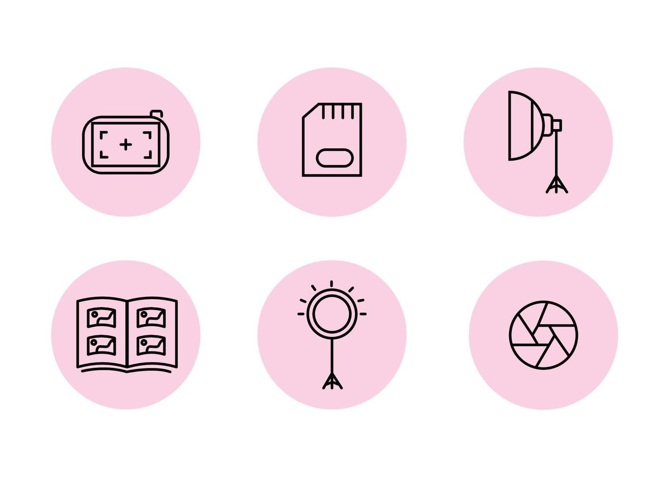 fotograf ikon uppsättning på en rosa bakgrund. fotograf Utrustning ikoner. fokusera, minne kort, softbox, Foto album, ringa lampa, fotografi vektor