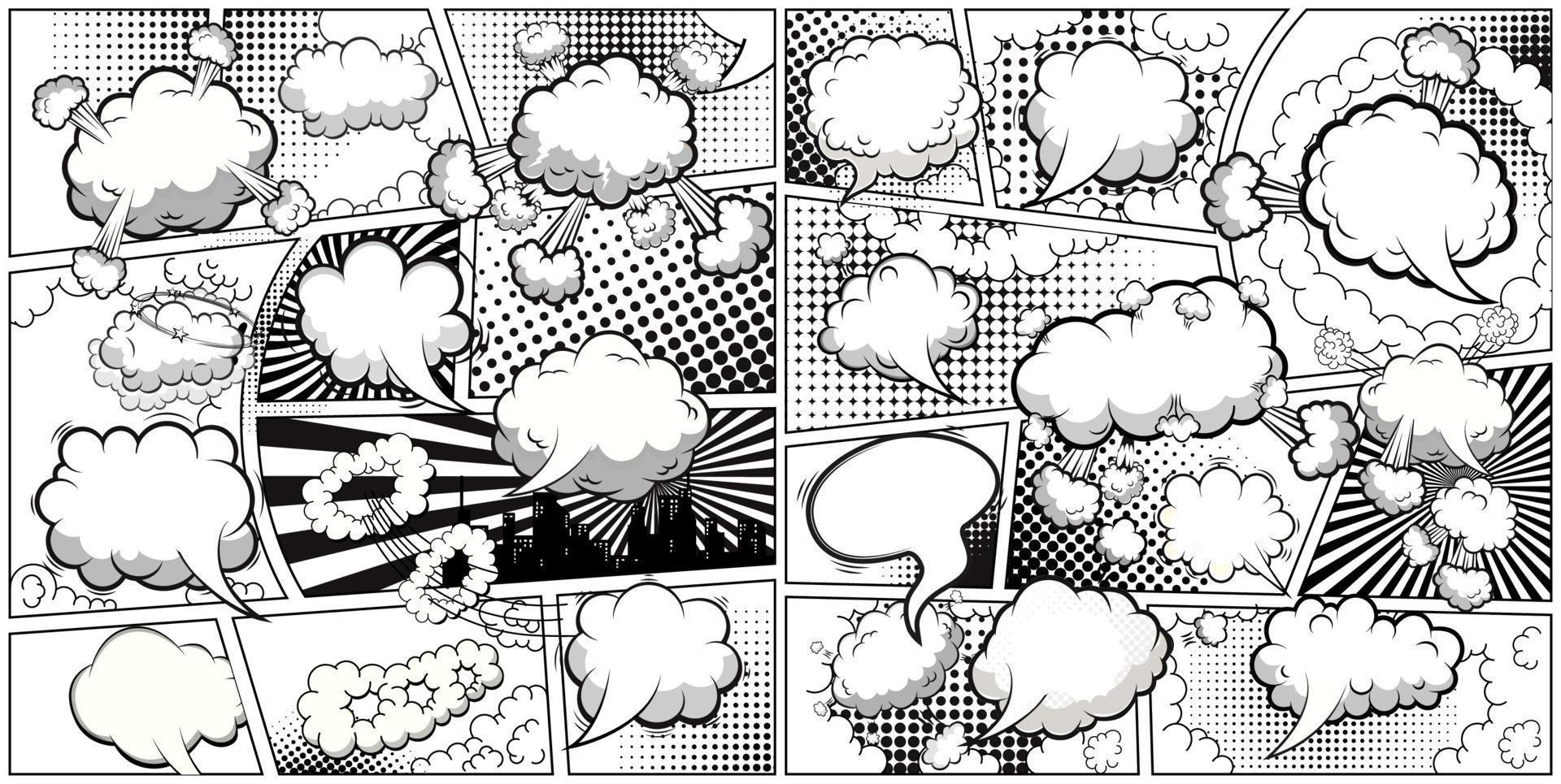 komisk bok svart och vit sida mall dividerat förbi rader med Tal bubblor. vektor illustration.