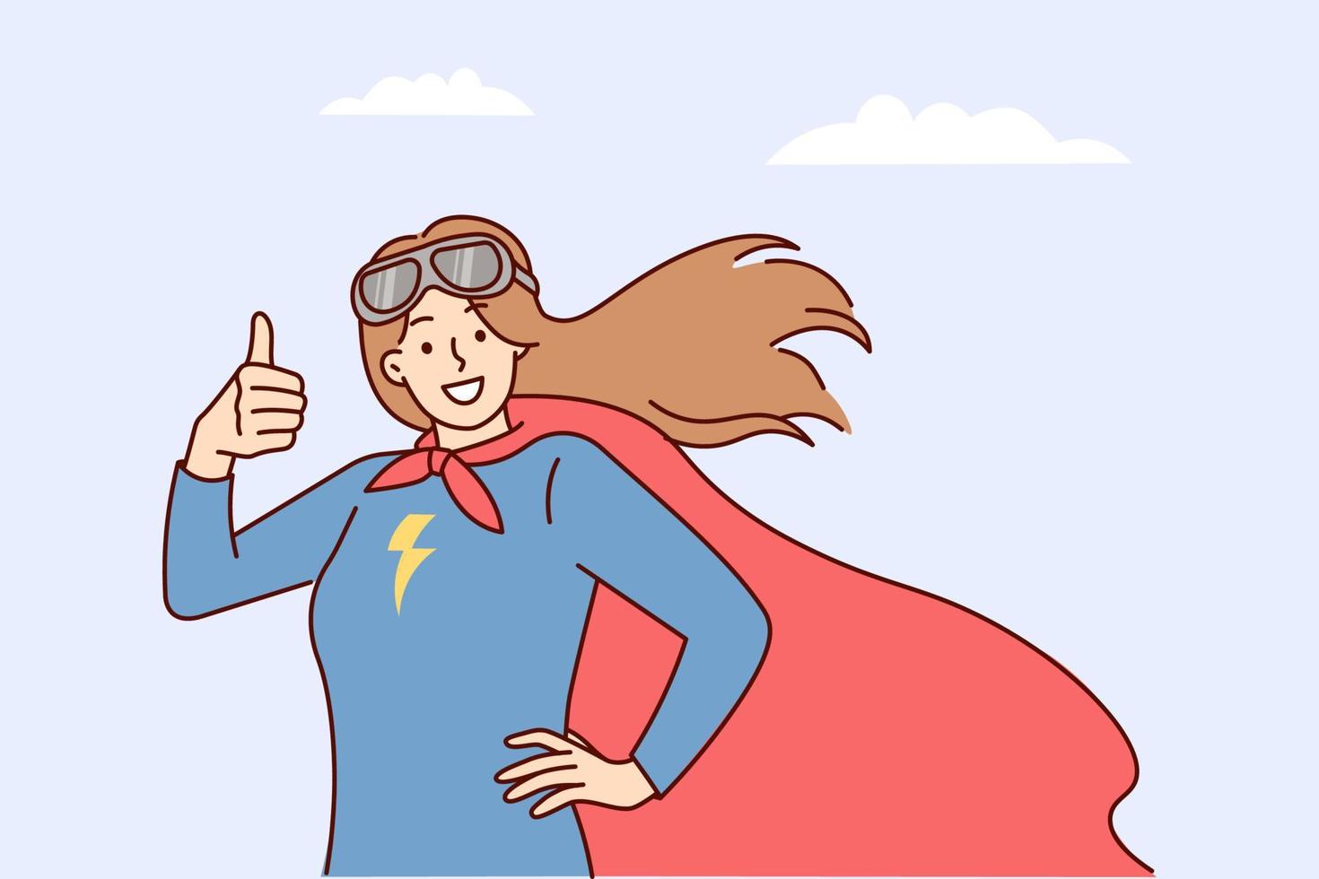 kvinna superhjälte med bild av blixt- på bröst visar tummen upp stående på bakgrund av molnig himmel. flicka i röd cape av superhjälte utseende på skärm och poser innan ny uppgift till spara värld vektor