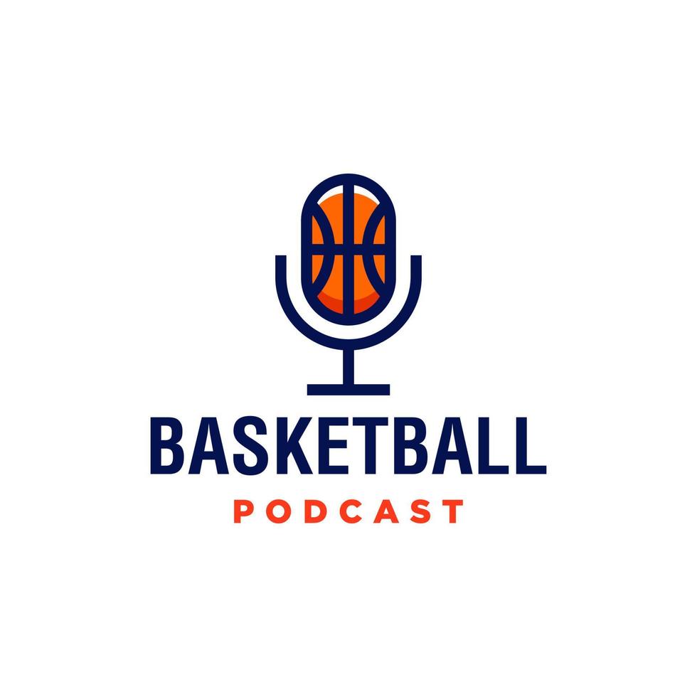 basketboll podcast med boll och mikrofon kombination ikon logotyp illustration design. modern linje konst översikt spprt visa logotyp vektor